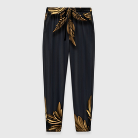 Мужские брюки 3D с принтом Золотые объемные  листья на черном в Санкт-Петербурге, 100% полиэстер | манжеты по низу, эластичный пояс регулируется шнурком, по бокам два кармана без застежек, внутренняя часть кармана из мелкой сетки | 