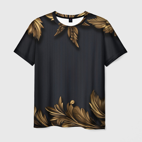 Мужская футболка 3D с принтом Золотые объемные  листья на черном в Екатеринбурге, 100% полиэфир | прямой крой, круглый вырез горловины, длина до линии бедер | Тематика изображения на принте: 