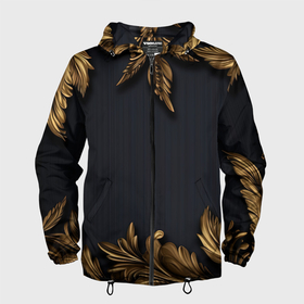 Мужская ветровка 3D с принтом Золотые объемные  листья на черном в Санкт-Петербурге, 100% полиэстер | подол и капюшон оформлены резинкой с фиксаторами, два кармана без застежек по бокам, один потайной карман на груди | 