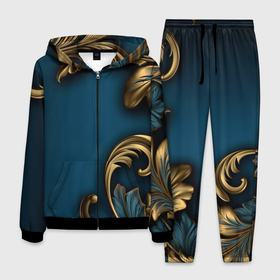 Мужской костюм 3D с принтом Золотые  узоры на синем фоне в Екатеринбурге, 100% полиэстер | Манжеты и пояс оформлены тканевой резинкой, двухслойный капюшон со шнурком для регулировки, карманы спереди | 