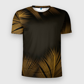 Мужская футболка 3D Slim с принтом Тонкие золотые листья на черном фоне в Санкт-Петербурге, 100% полиэстер с улучшенными характеристиками | приталенный силуэт, круглая горловина, широкие плечи, сужается к линии бедра | 