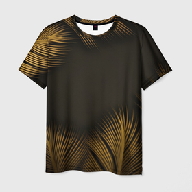 Мужская футболка 3D с принтом Тонкие золотые листья на черном фоне в Санкт-Петербурге, 100% полиэфир | прямой крой, круглый вырез горловины, длина до линии бедер | 