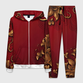 Мужской костюм 3D с принтом Узоры золотые на  красном фоне в Екатеринбурге, 100% полиэстер | Манжеты и пояс оформлены тканевой резинкой, двухслойный капюшон со шнурком для регулировки, карманы спереди | 