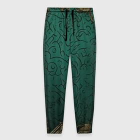 Мужские брюки 3D с принтом Узоры золотые на зеленом фоне в Санкт-Петербурге, 100% полиэстер | манжеты по низу, эластичный пояс регулируется шнурком, по бокам два кармана без застежек, внутренняя часть кармана из мелкой сетки | 