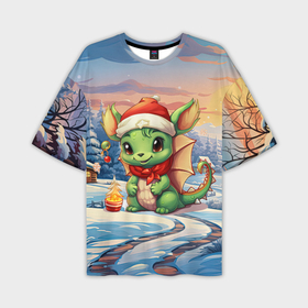 Мужская футболка oversize 3D с принтом Милый маленький дракон новогодний 2024 года в Курске,  |  | Тематика изображения на принте: 