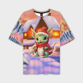 Мужская футболка oversize 3D с принтом Милый маленький дракон у рождественского домика в Екатеринбурге,  |  | 