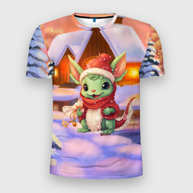Мужская футболка 3D Slim с принтом Милый маленький дракон у рождественского домика , 100% полиэстер с улучшенными характеристиками | приталенный силуэт, круглая горловина, широкие плечи, сужается к линии бедра | 