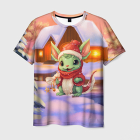 Мужская футболка 3D с принтом Милый маленький дракон у рождественского домика , 100% полиэфир | прямой крой, круглый вырез горловины, длина до линии бедер | Тематика изображения на принте: 