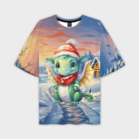 Мужская футболка oversize 3D с принтом Милый маленький дракон новогодний 2024 года новогодний снегопад в Курске,  |  | Тематика изображения на принте: 