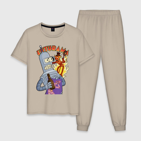 Мужская пижама хлопок с принтом Бендер и рободьявол , 100% хлопок | брюки и футболка прямого кроя, без карманов, на брюках мягкая резинка на поясе и по низу штанин
 | Тематика изображения на принте: 