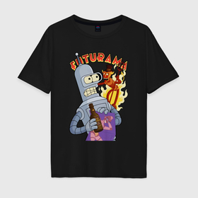 Мужская футболка хлопок Oversize с принтом Бендер и рободьявол , 100% хлопок | свободный крой, круглый ворот, “спинка” длиннее передней части | Тематика изображения на принте: 
