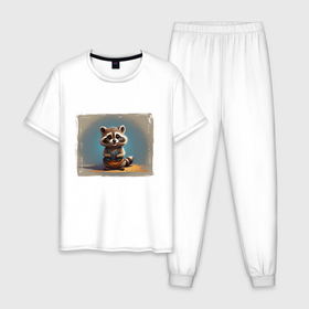 Мужская пижама хлопок с принтом Енотик в Курске, 100% хлопок | брюки и футболка прямого кроя, без карманов, на брюках мягкая резинка на поясе и по низу штанин
 | Тематика изображения на принте: 