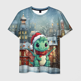 Мужская футболка 3D с принтом Милый маленький дракон новогодний на фоне домов , 100% полиэфир | прямой крой, круглый вырез горловины, длина до линии бедер | 