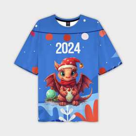 Мужская футболка oversize 3D с принтом Милый маленький дракон новогодний 2024 года синий фон в Тюмени,  |  | Тематика изображения на принте: 