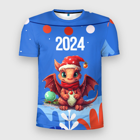 Мужская футболка 3D Slim с принтом Милый маленький дракон новогодний 2024 года синий фон в Курске, 100% полиэстер с улучшенными характеристиками | приталенный силуэт, круглая горловина, широкие плечи, сужается к линии бедра | 