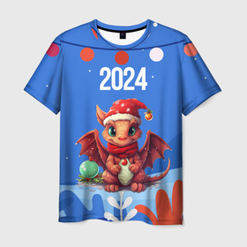Мужская футболка 3D с принтом Милый маленький дракон новогодний 2024 года синий фон в Санкт-Петербурге, 100% полиэфир | прямой крой, круглый вырез горловины, длина до линии бедер | Тематика изображения на принте: 