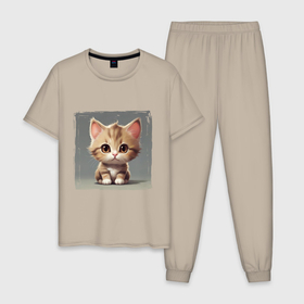 Мужская пижама хлопок с принтом Серьезный котенок , 100% хлопок | брюки и футболка прямого кроя, без карманов, на брюках мягкая резинка на поясе и по низу штанин
 | Тематика изображения на принте: 