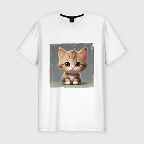 Мужская футболка хлопок Slim с принтом Серьезный котенок , 92% хлопок, 8% лайкра | приталенный силуэт, круглый вырез ворота, длина до линии бедра, короткий рукав | Тематика изображения на принте: 