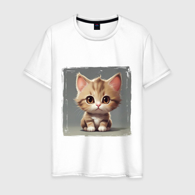 Мужская футболка хлопок с принтом Серьезный котенок в Тюмени, 100% хлопок | прямой крой, круглый вырез горловины, длина до линии бедер, слегка спущенное плечо. | 