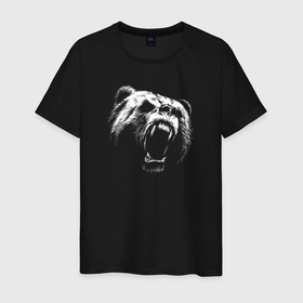 Мужская футболка хлопок с принтом Голова ревущего медведя , 100% хлопок | прямой крой, круглый вырез горловины, длина до линии бедер, слегка спущенное плечо. | 