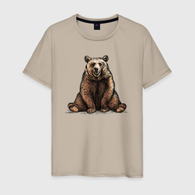 Мужская футболка хлопок с принтом Медведь веселый сидит в Белгороде, 100% хлопок | прямой крой, круглый вырез горловины, длина до линии бедер, слегка спущенное плечо. | 