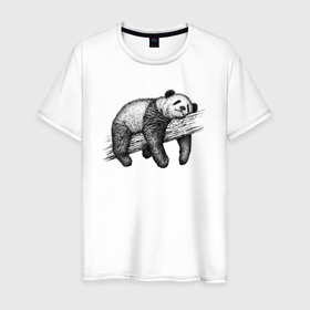 Мужская футболка хлопок с принтом Панда висит на ветке в Новосибирске, 100% хлопок | прямой крой, круглый вырез горловины, длина до линии бедер, слегка спущенное плечо. | 