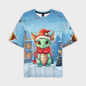 Мужская футболка oversize 3D с принтом Милый маленький дракон новогодний 2024 на фоне  домов в Курске,  |  | 