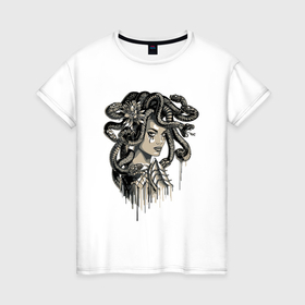 Женская футболка хлопок с принтом Горгона Медуза голова в Санкт-Петербурге, 100% хлопок | прямой крой, круглый вырез горловины, длина до линии бедер, слегка спущенное плечо | 