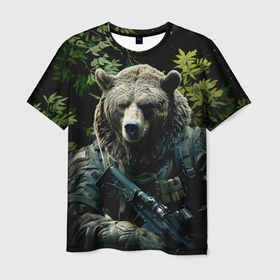 Мужская футболка 3D с принтом Медведь солдат раненый в Санкт-Петербурге, 100% полиэфир | прямой крой, круглый вырез горловины, длина до линии бедер | 