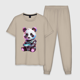Мужская пижама хлопок с принтом Funny panda   cyberpunk в Санкт-Петербурге, 100% хлопок | брюки и футболка прямого кроя, без карманов, на брюках мягкая резинка на поясе и по низу штанин
 | 