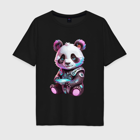 Мужская футболка хлопок Oversize с принтом Funny panda   cyberpunk в Санкт-Петербурге, 100% хлопок | свободный крой, круглый ворот, “спинка” длиннее передней части | 