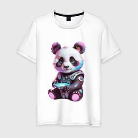 Мужская футболка хлопок с принтом Funny panda   cyberpunk в Санкт-Петербурге, 100% хлопок | прямой крой, круглый вырез горловины, длина до линии бедер, слегка спущенное плечо. | 