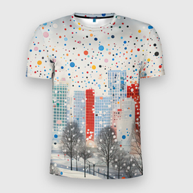 Мужская футболка 3D Slim с принтом Новогодний город и цветной снег в Петрозаводске, 100% полиэстер с улучшенными характеристиками | приталенный силуэт, круглая горловина, широкие плечи, сужается к линии бедра | 
