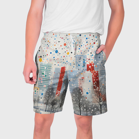 Мужские шорты 3D с принтом Новогодний город и цветной снег ,  полиэстер 100% | прямой крой, два кармана без застежек по бокам. Мягкая трикотажная резинка на поясе, внутри которой широкие завязки. Длина чуть выше колен | 