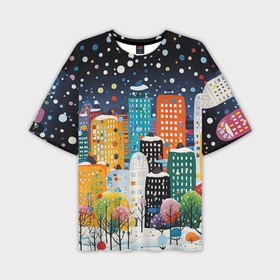 Мужская футболка oversize 3D с принтом Новогодний ночной город в Белгороде,  |  | 