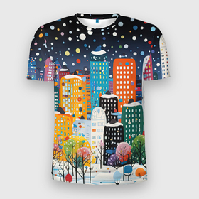 Мужская футболка 3D Slim с принтом Новогодний ночной город в Петрозаводске, 100% полиэстер с улучшенными характеристиками | приталенный силуэт, круглая горловина, широкие плечи, сужается к линии бедра | 