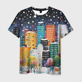 Мужская футболка 3D с принтом Новогодний ночной город в Петрозаводске, 100% полиэфир | прямой крой, круглый вырез горловины, длина до линии бедер | 