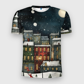 Мужская футболка 3D Slim с принтом Новогодний рисованный город в Петрозаводске, 100% полиэстер с улучшенными характеристиками | приталенный силуэт, круглая горловина, широкие плечи, сужается к линии бедра | 