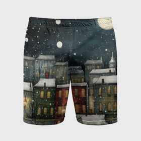 Мужские шорты спортивные с принтом Новогодний рисованный город в Петрозаводске,  |  | Тематика изображения на принте: 