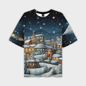 Мужская футболка oversize 3D с принтом Новогодний городок ночной в Кировске,  |  | Тематика изображения на принте: 