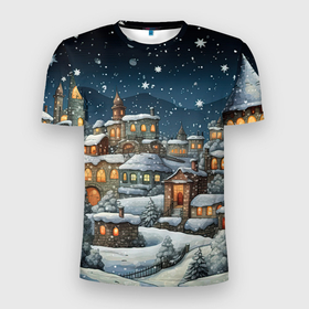 Мужская футболка 3D Slim с принтом Новогодний городок ночной в Петрозаводске, 100% полиэстер с улучшенными характеристиками | приталенный силуэт, круглая горловина, широкие плечи, сужается к линии бедра | 