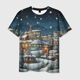 Мужская футболка 3D с принтом Новогодний городок ночной в Кировске, 100% полиэфир | прямой крой, круглый вырез горловины, длина до линии бедер | 