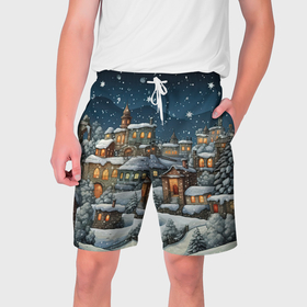 Мужские шорты 3D с принтом Новогодний городок ночной в Кировске,  полиэстер 100% | прямой крой, два кармана без застежек по бокам. Мягкая трикотажная резинка на поясе, внутри которой широкие завязки. Длина чуть выше колен | 