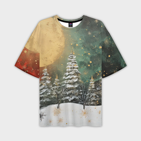 Мужская футболка oversize 3D с принтом Большая луна и новогодний лес в Курске,  |  | Тематика изображения на принте: 