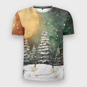 Мужская футболка 3D Slim с принтом Большая луна и новогодний лес в Кировске, 100% полиэстер с улучшенными характеристиками | приталенный силуэт, круглая горловина, широкие плечи, сужается к линии бедра | 