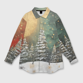 Мужская рубашка oversize 3D с принтом Большая луна и новогодний лес в Курске,  |  | Тематика изображения на принте: 
