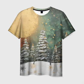 Мужская футболка 3D с принтом Большая луна и новогодний лес в Петрозаводске, 100% полиэфир | прямой крой, круглый вырез горловины, длина до линии бедер | 