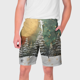 Мужские шорты 3D с принтом Большая луна и новогодний лес ,  полиэстер 100% | прямой крой, два кармана без застежек по бокам. Мягкая трикотажная резинка на поясе, внутри которой широкие завязки. Длина чуть выше колен | 
