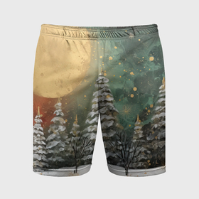 Мужские шорты спортивные с принтом Большая луна и новогодний лес в Кировске,  |  | 