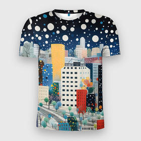 Мужская футболка 3D Slim с принтом Новогодний ночной город в Петрозаводске, 100% полиэстер с улучшенными характеристиками | приталенный силуэт, круглая горловина, широкие плечи, сужается к линии бедра | 